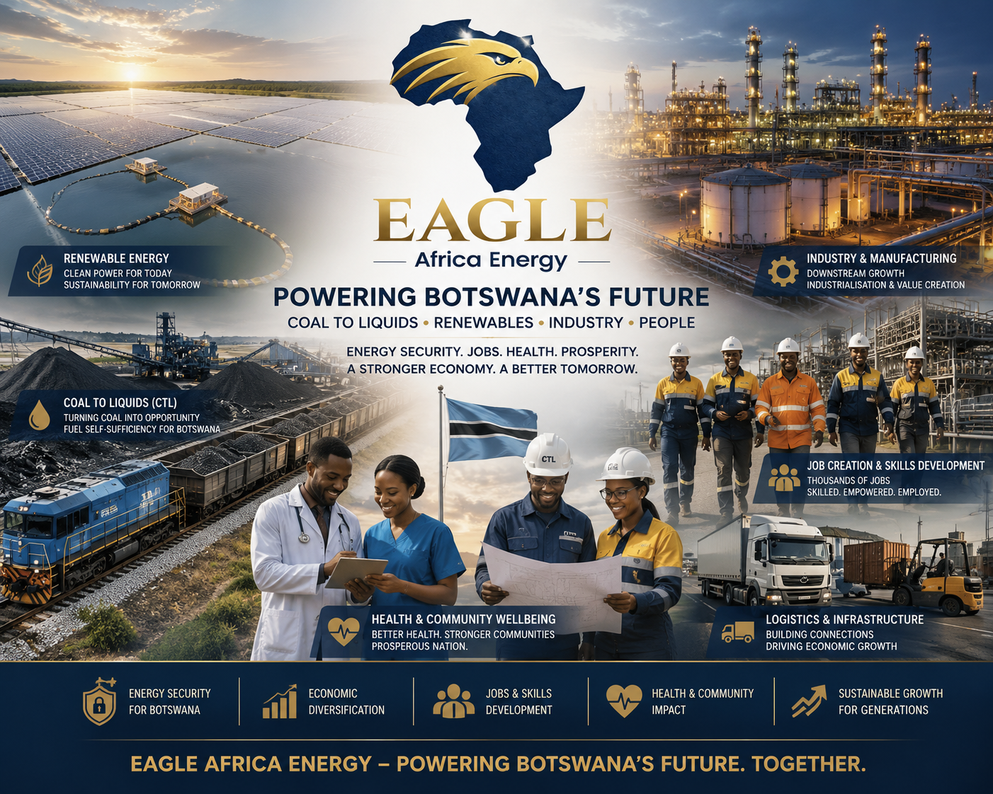 Eagle Africa Energy concept: Powering Botswana's future through renewables, coal-to-liquids, industry, healthcare, skills and logistics.